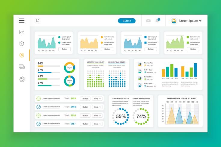 Modello di progettazione di vettore del pannello di amministrazione del cruscotto con elementi infographic, grafico, diagramma, grafica di informazioni. Dashboard del sito web per la pagina Web di design di ui e ux. Illustrazione vettoriale