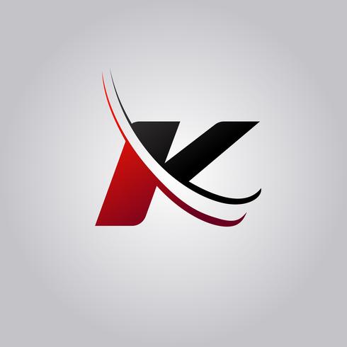 logo iniziale della lettera K con swoosh colorato di rosso e nero vettore