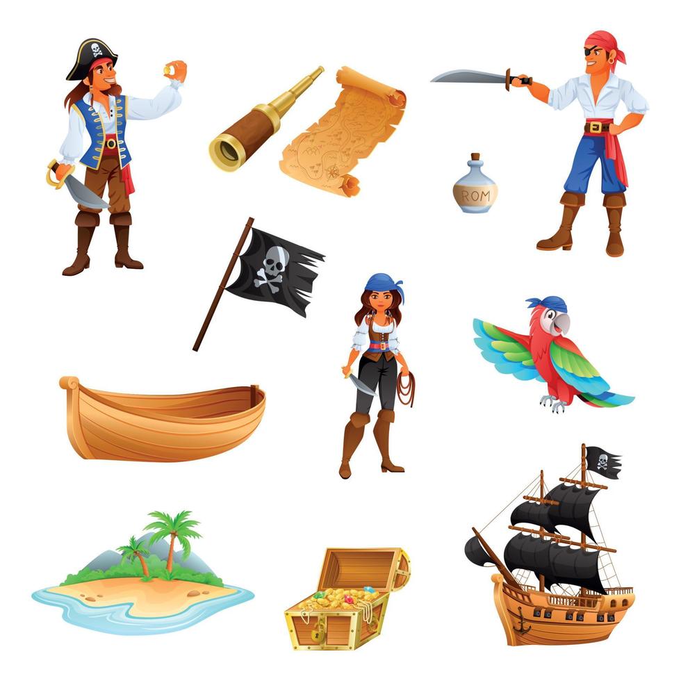 set di cartoni animati del tesoro dei pirati vettore