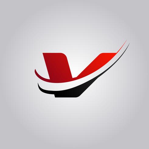 logo V letter iniziale con swoosh colorato di rosso e nero vettore