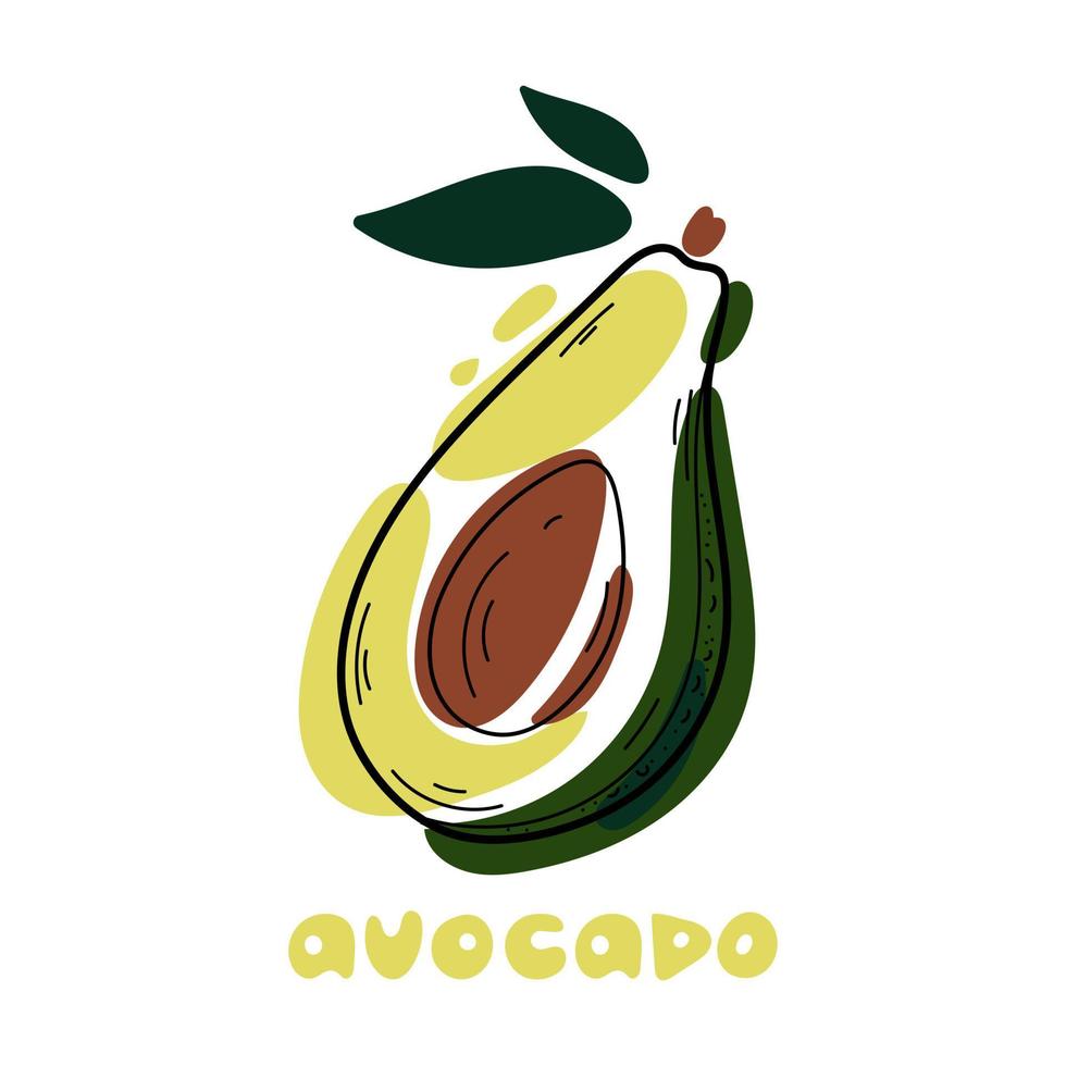 illustrazione colorata di avocado e lettere scritte a mano isolate su sfondo bianco. elemento di stile doodle per menu e design della cucina. vettore