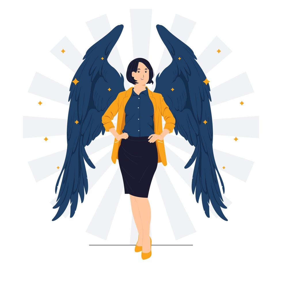 donna d'affari fiduciosa in piedi con ali d'angelo e alta autostima con orgoglioso sorriso concetto illustrazione vettore