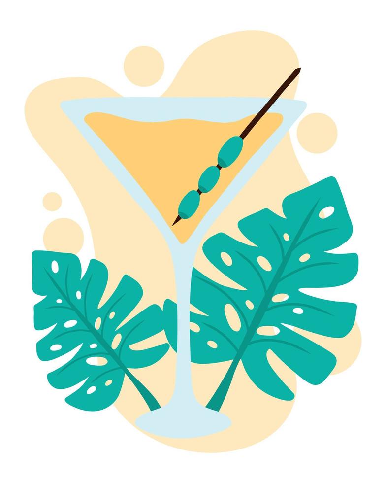 bicchiere da martini con olive. cartolina con cocktail e foglie di monstera. illustrazione vettoriale in uno stile piatto.