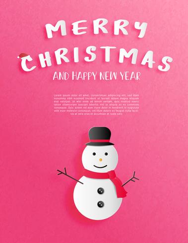 La celebrazione di Natale e la carta del saluto o dell&#39;invito del buon anno in carta hanno tagliato lo stile con il pupazzo di neve felice di sorriso su fondo rosso. vettore
