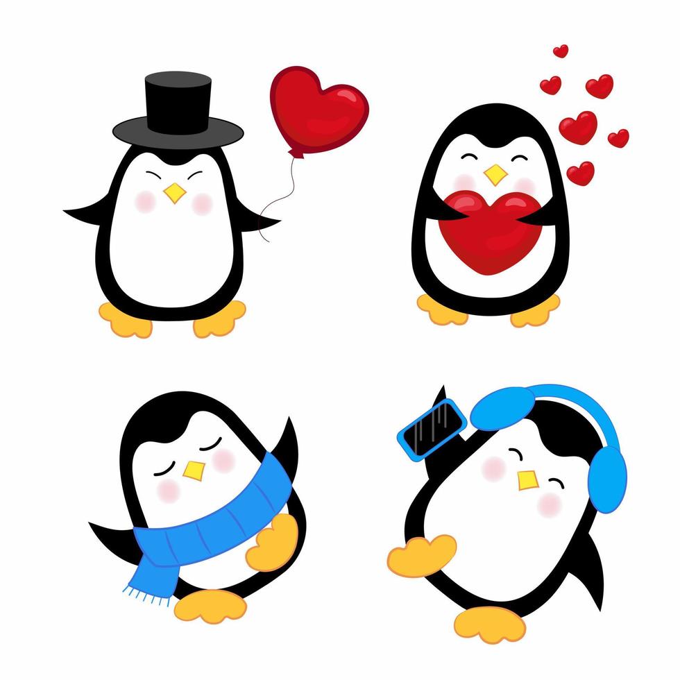 una serie di balli carini, ascolto di musica e divertenti pinguini. set di illustrazioni vettoriali isolato caratteri pinguino vacanze. pinguini divertenti per le vacanze. illustrazione di danza dell'uccello del personaggio.