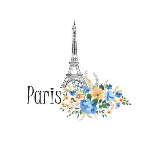 Sfondo di Parigi. Segno floreale di Parigi con i fiori, torre Eiffel. vettore