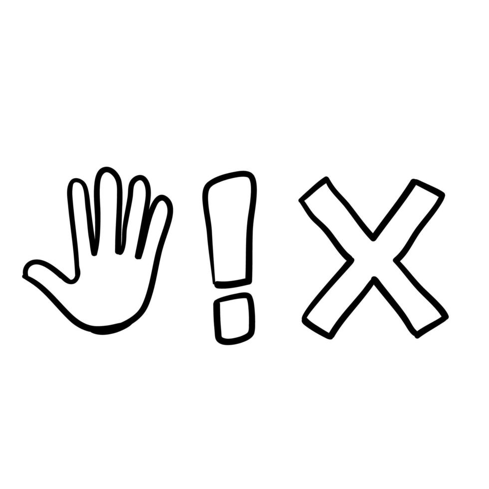 icona del segnale di stop set disegnato a mano con mano, punto esclamativo e croce doodle vettore