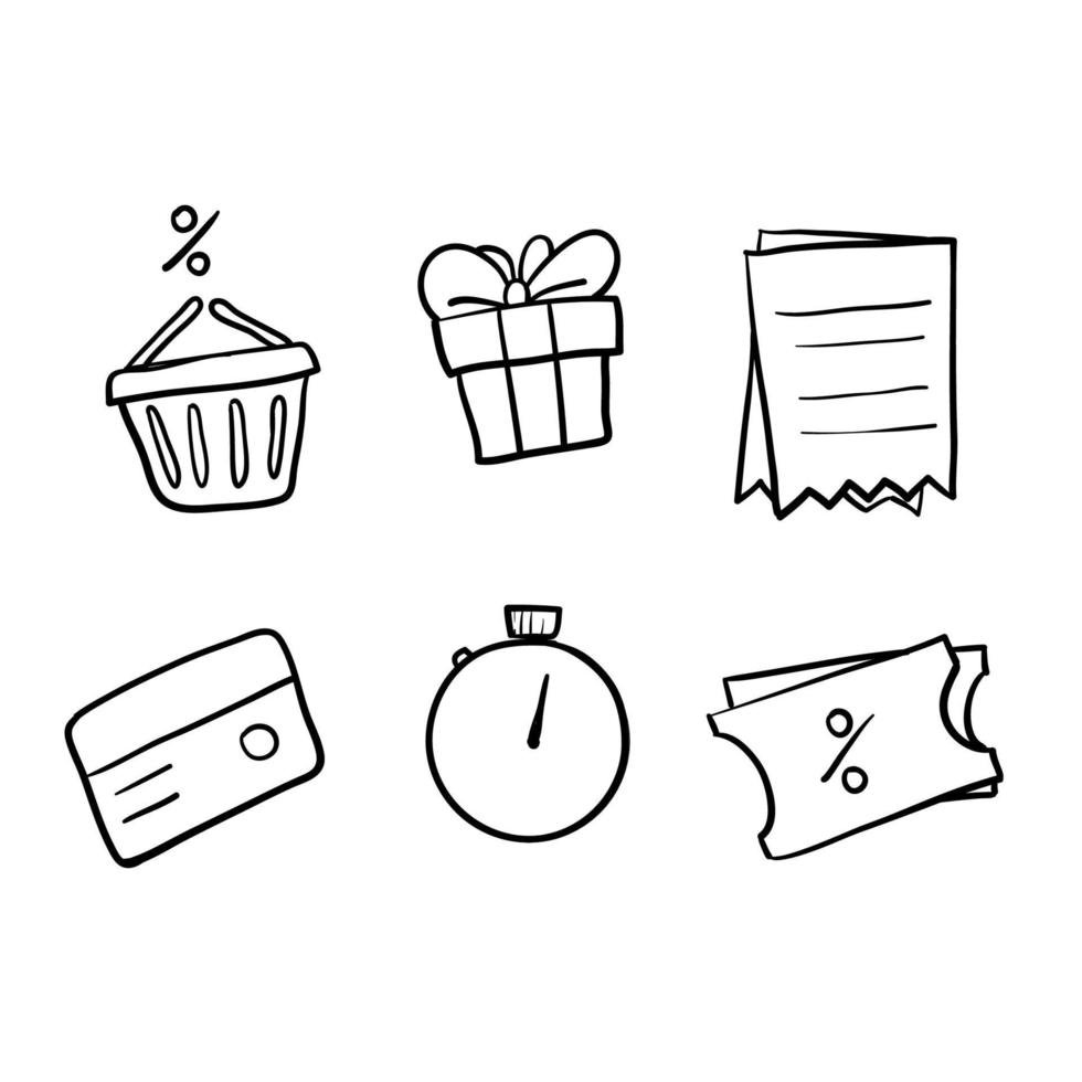 carta fedeltà disegnata a mano, set di icone vettoriali del programma di incentivi, guadagnare punti bonus per l'acquisto, buono sconto, periodo di tempo limitato, rimborso, riscatto regalo, cestino della spesa. vettore doodle