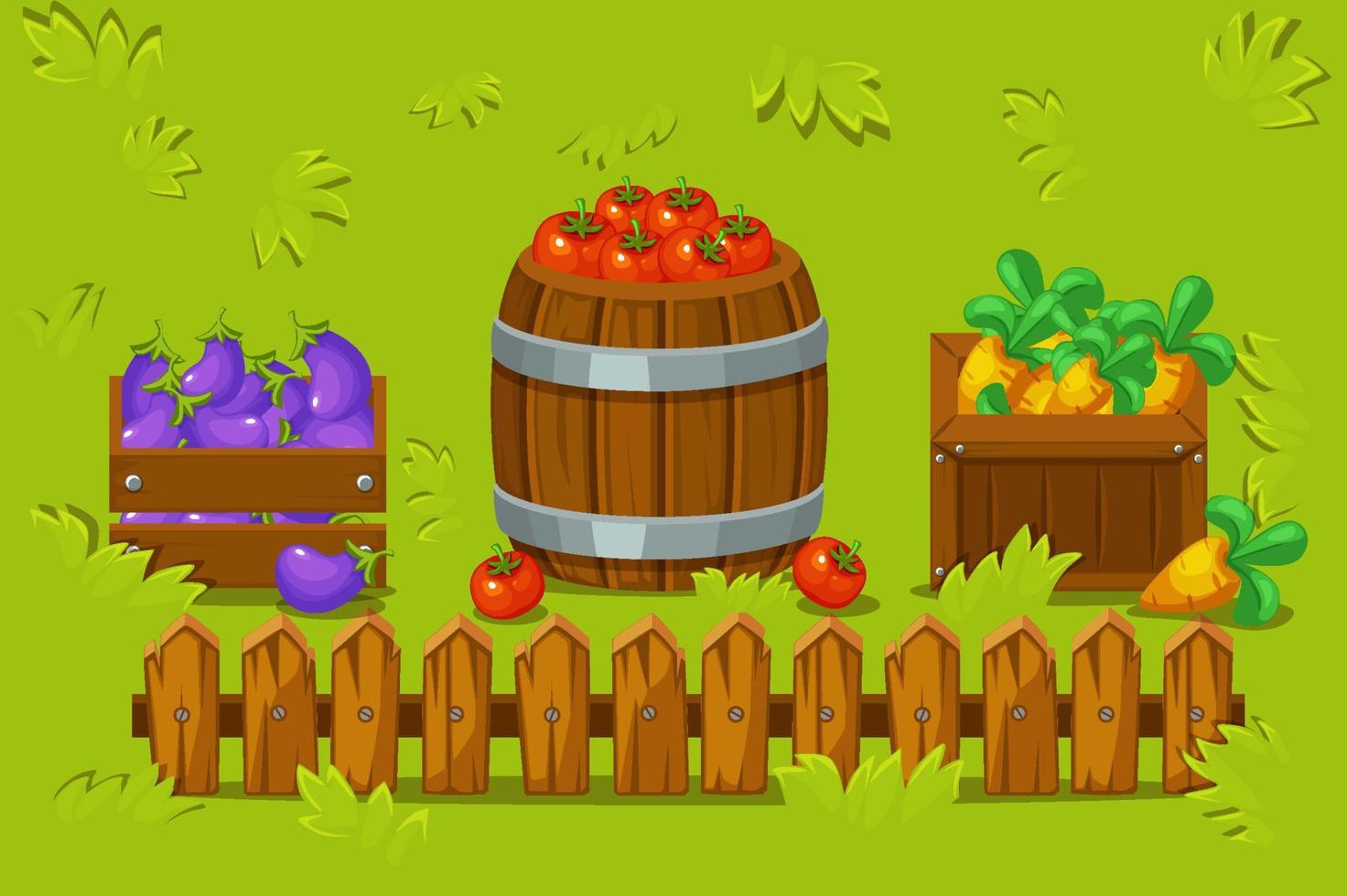 illustrazione vettoriale di scatole di legno e un barile con verdure. un prato con erba e una staccionata in legno.