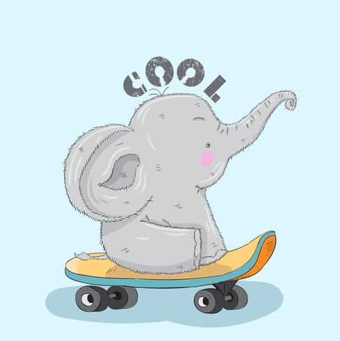 Carino piccolo elefante su uno skateboard vettore