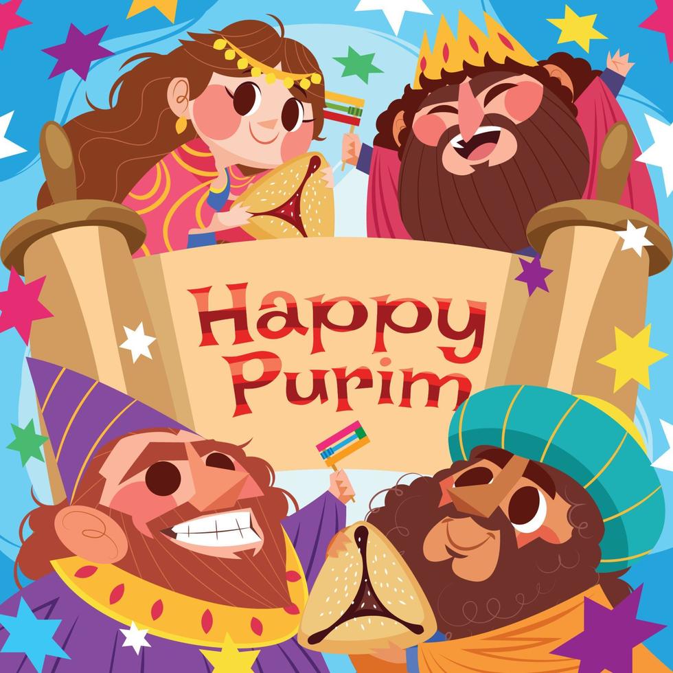 felice giorno del purim con figure bibliche vettore