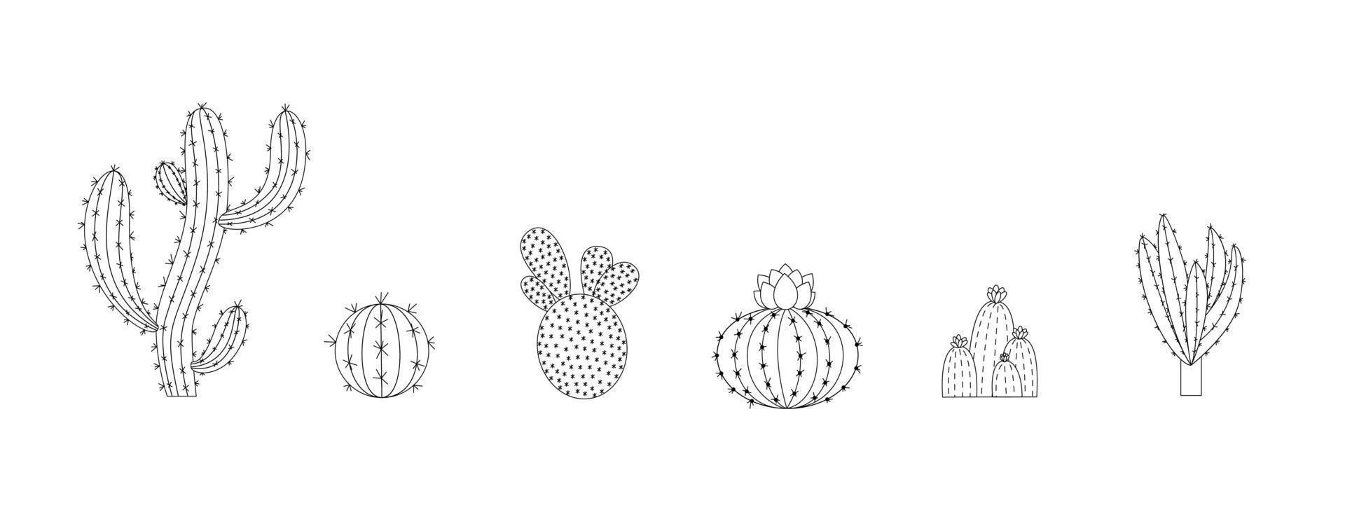 set di vettore di doodle di cactus. piante da appartamento di cactus in stile cartone animato. grafica al tratto senza riempimento. isolato su sfondo bianco.