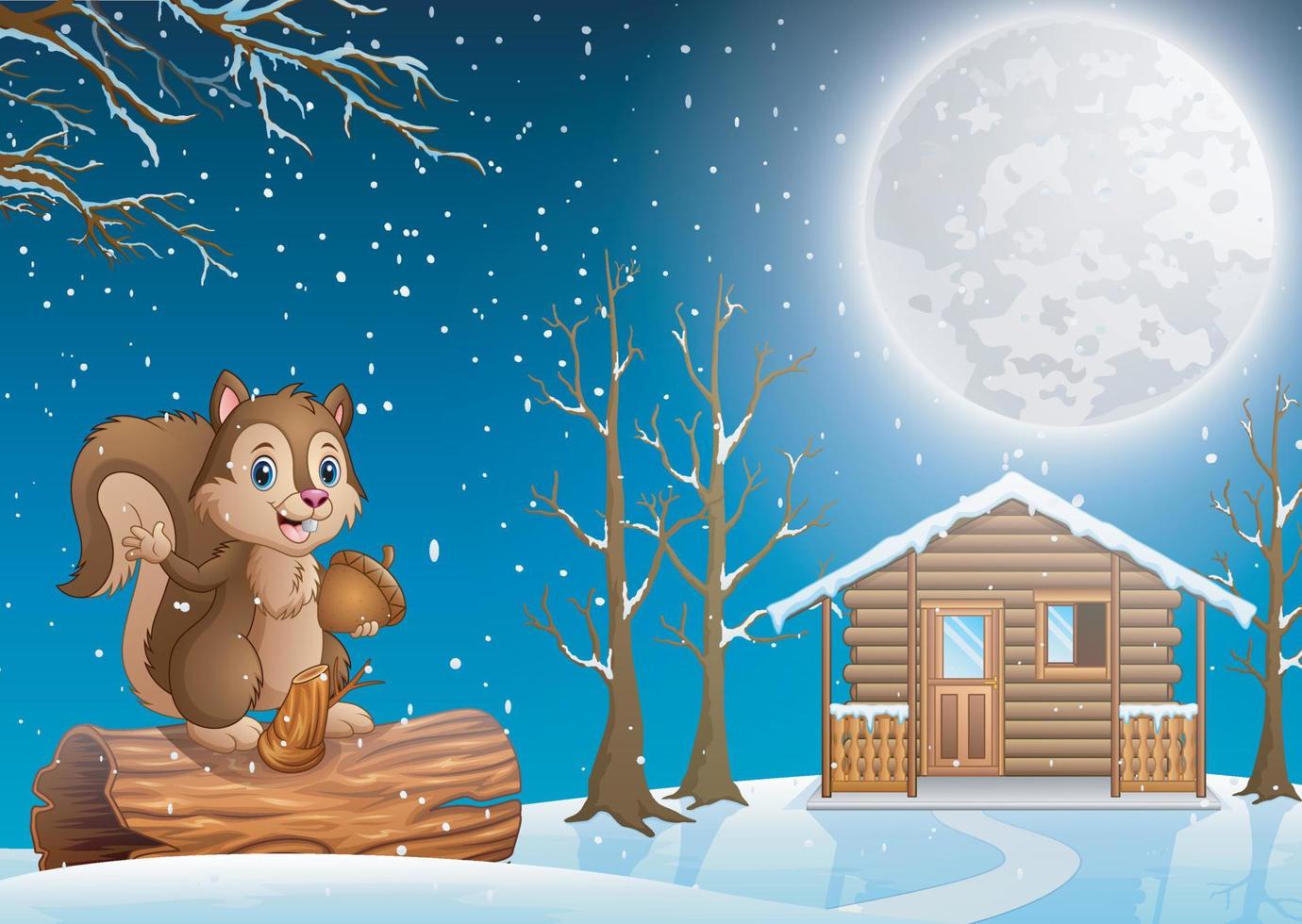 un cartone animato di scoiattolo che si gode la nevicata nel villaggio innevato vettore