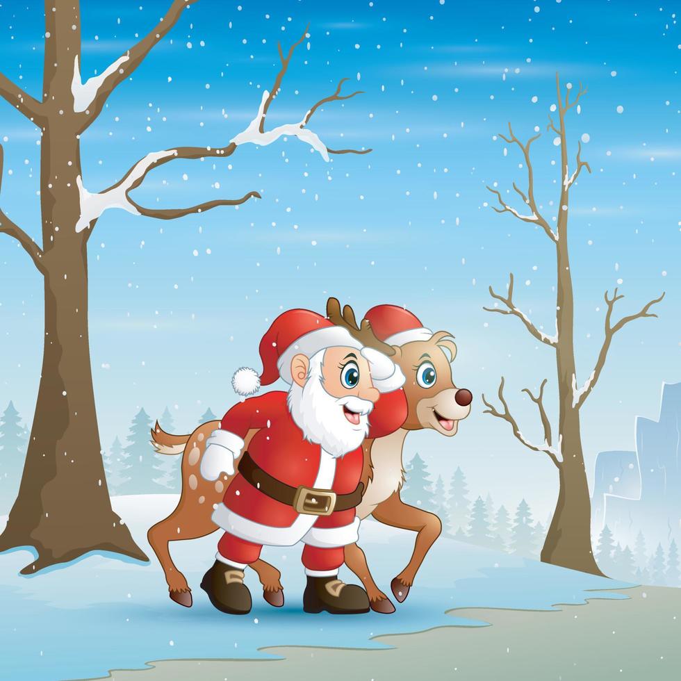 Babbo Natale con le renne al paesaggio invernale di natale vettore