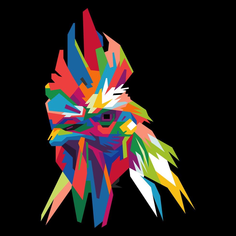 testa di gallo colorata con un fantastico sfondo in stile pop art isolato. stile wpap vettore