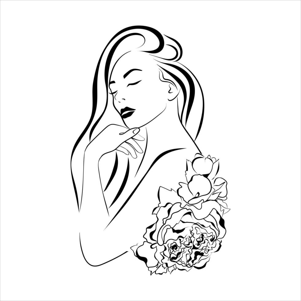 line art ritratti femminili con fiori in testa. illustrazione vettoriale isolata. design del logo per saloni di bellezza