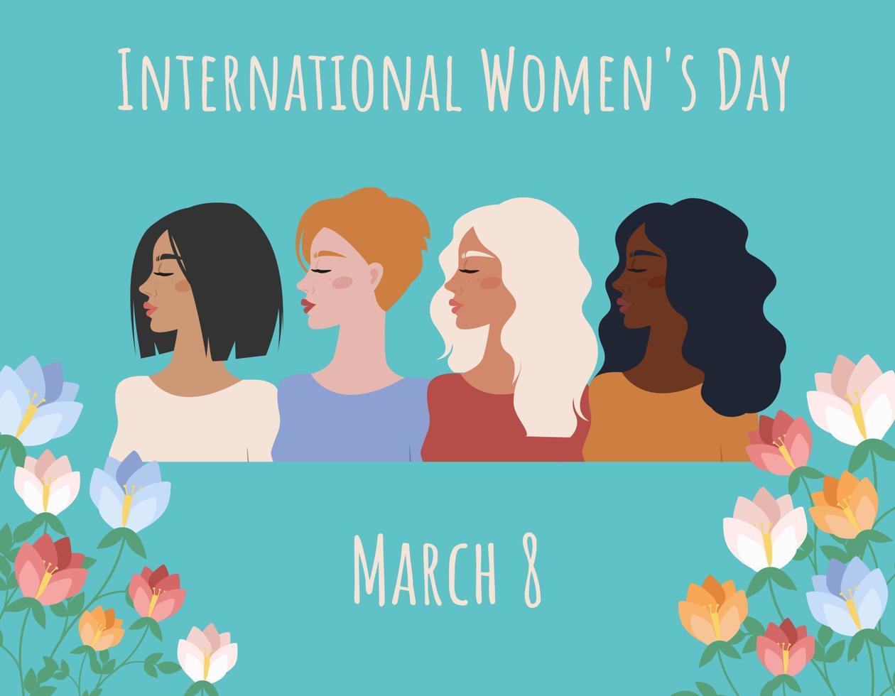 cartoline per la giornata internazionale della donna. donne di diverse nazionalità in fiori. illustrazione vettoriale