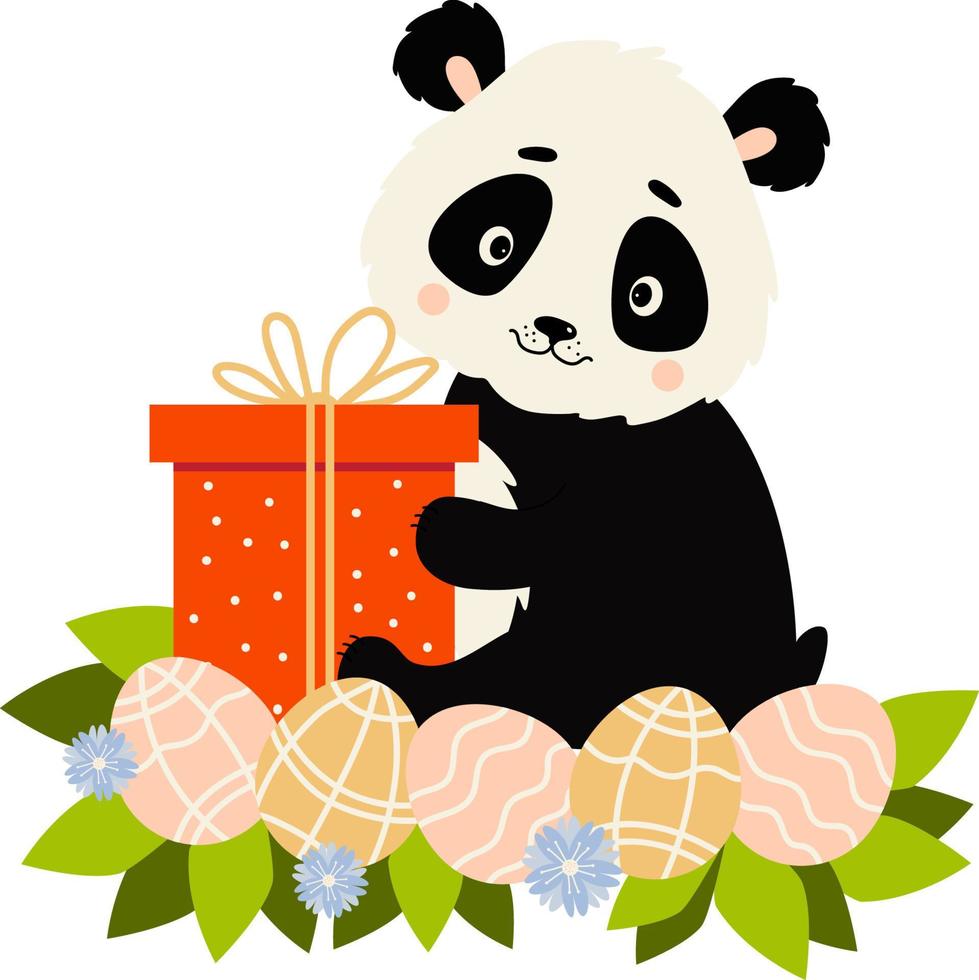 simpatico panda con regalo e uova di Pasqua. illustrazione vettoriale. personaggio panda in stile piatto vettore