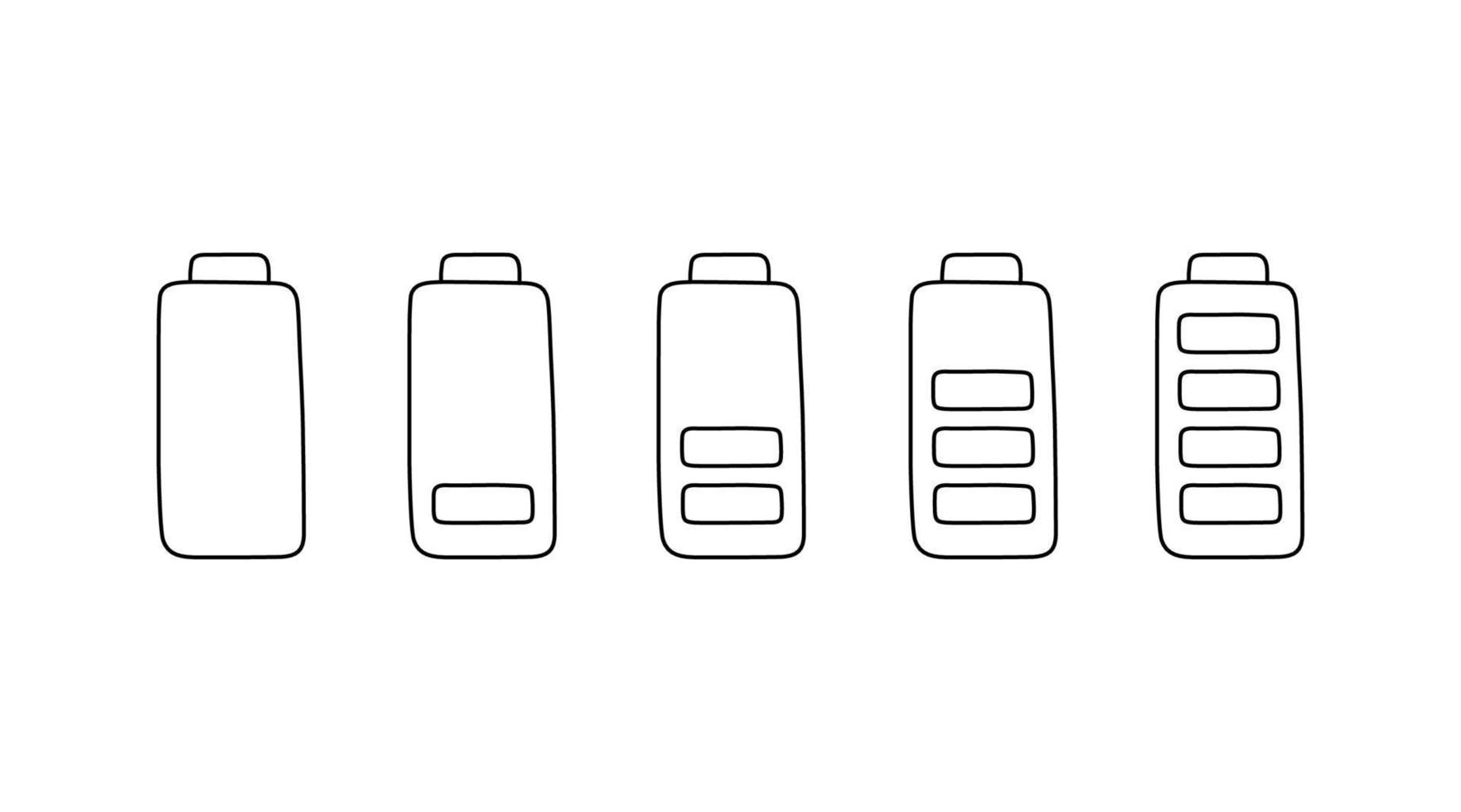 carica della batteria impostata in stile doodle, illustrazione vettoriale. schizzo disegnato a mano, livello di energia basso e pieno. icona isolata su sfondo bianco. indicatore ricarica la batteria del cellulare vettore