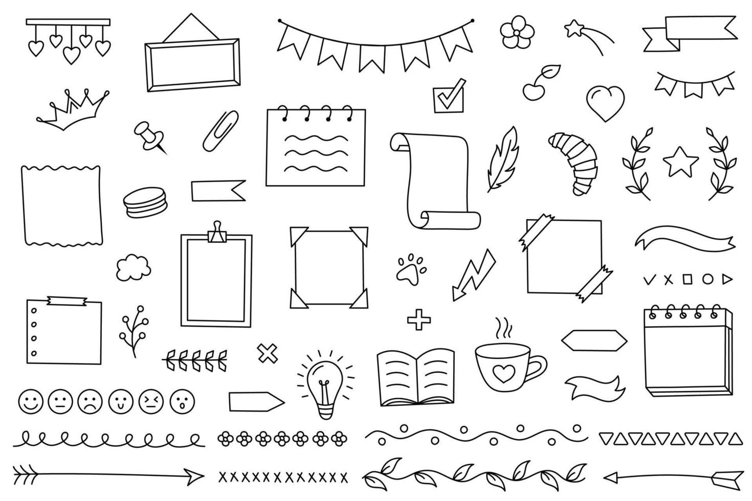 doodle set elementi disegnati a mano per diario, taccuino e pianificatore. calendario vettoriale per studio e lavoro. collezione di decorazioni cornici e adesivi delle linee