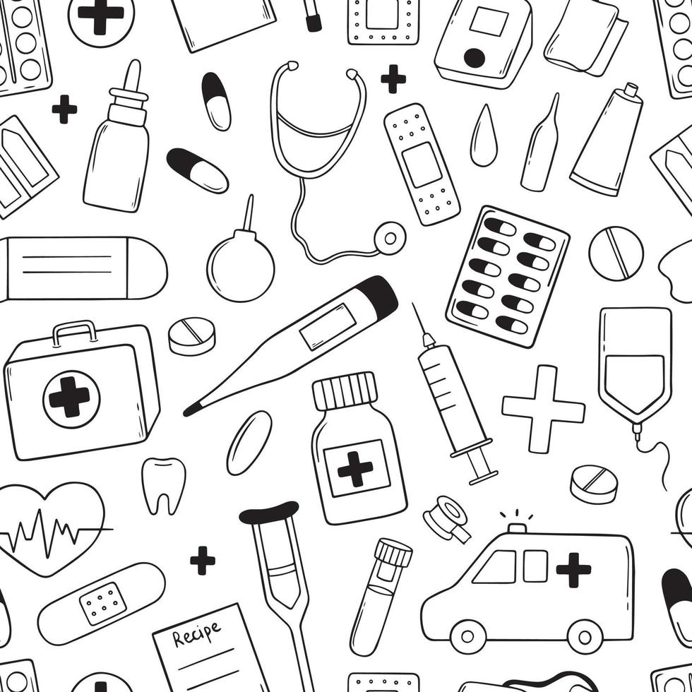 modello senza cuciture di doodle di medicina. attrezzature mediche, farmaci, pillole, farmacia in stile schizzo. illustrazione vettoriale disegnata a mano.