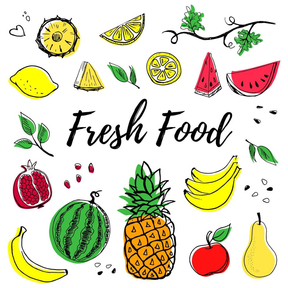 frutti disegnati a mano insieme illustrazione vettoriale isolato su sfondo bianco. ananas, mela, pera, limone, banana, anguria, melograno. collezione in stile schizzo intero, parti, foglie e brunch.