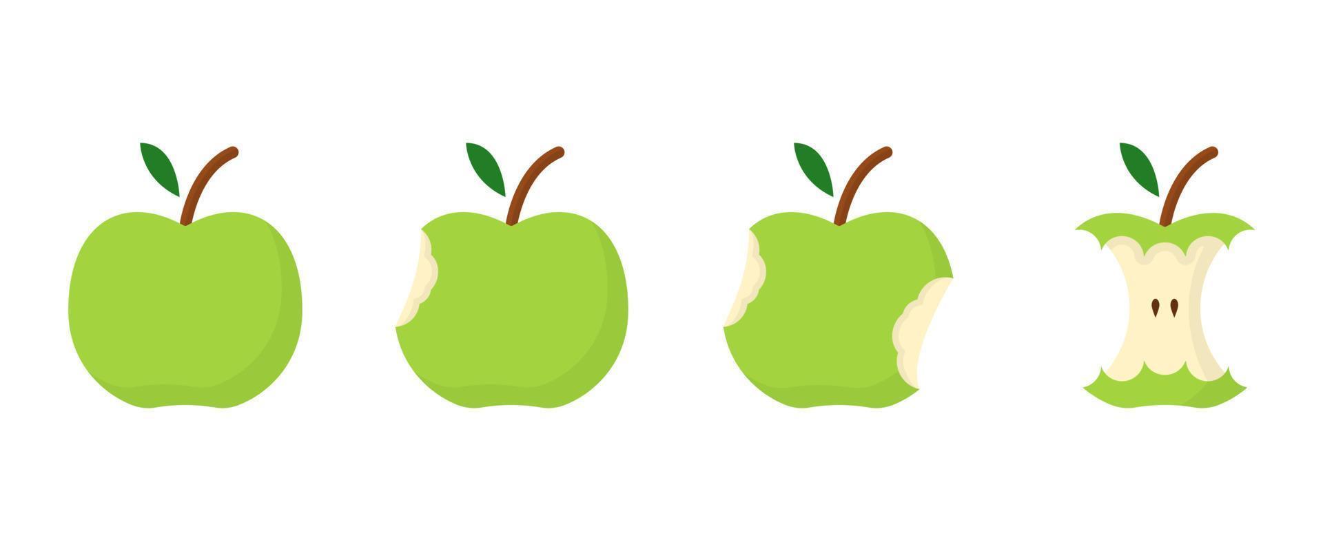 concetto di fase del morso della mela verde. passo di mangiare la mela da intera a metà e senza torsolo. cibo biologico fresco sano. illustrazione vettoriale isolata.