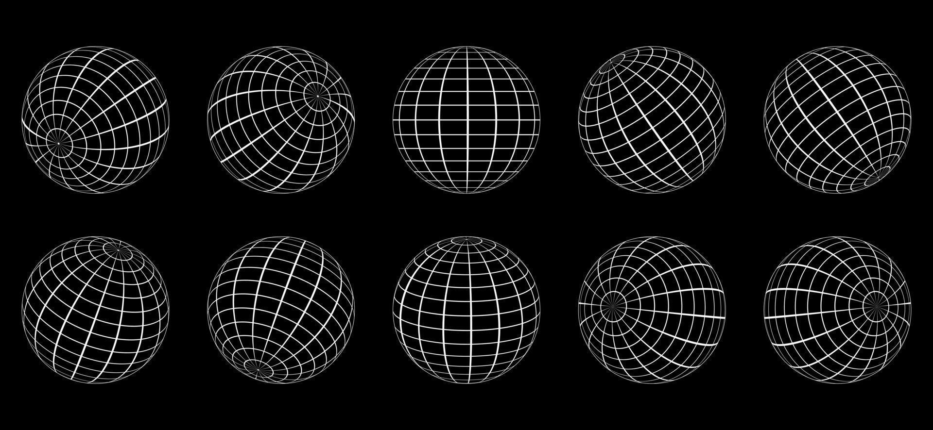 sfera della griglia del globo bianco impostata su sfondo nero. 3d wire latitudine terrestre globale, longitudine. globo terrestre 3d con linea cablata. sfera geometrica della maglia della griglia rotonda. superficie del globo wireframe. vettore isolato.