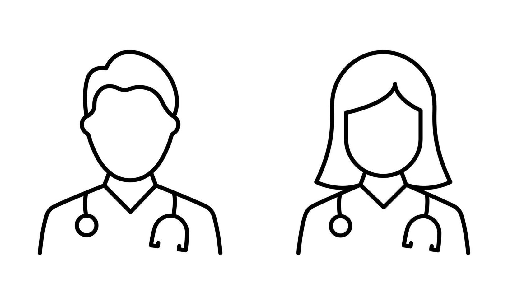 due assistenti medici professionisti con l'icona della linea dello stetoscopio. pittogramma lineare specialista di medici maschi e femmine. uomo, donna medico contorno icona. illustrazione vettoriale isolata.
