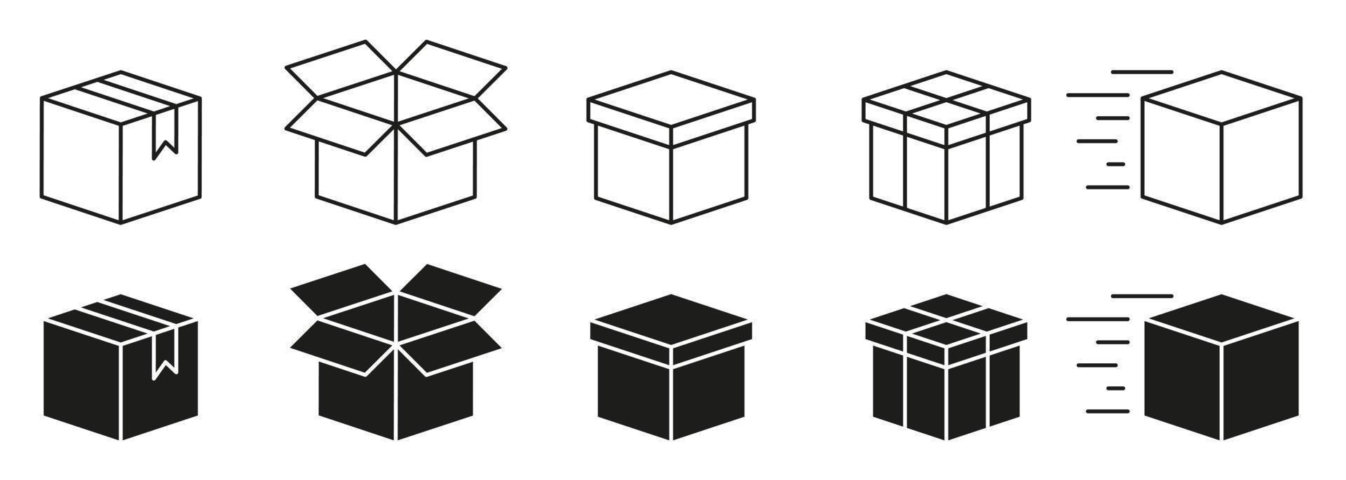 set di icone di linea e silhouette di scatole di cartone. icona di raccolta pacchi aperti e chiusi. icona di consegna. scatole di cartone. illustrazione vettoriale isolata.