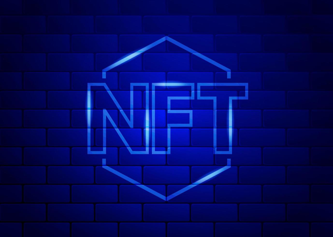 banner concettuale nft token non fungibili su sfondo blu scuro muro di mattoni. illustrazione vettoriale