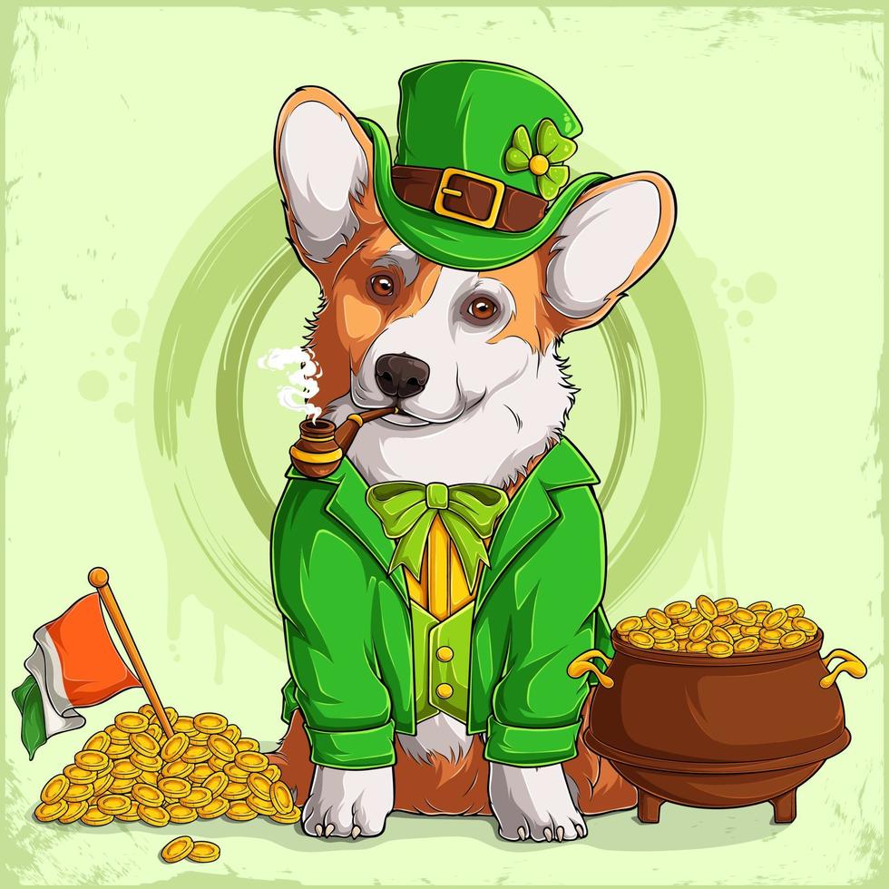 cane corgi gallese di san patrizio con cappello da folletto e abito con una pentola di monete d'oro e la bandiera irlandese vettore