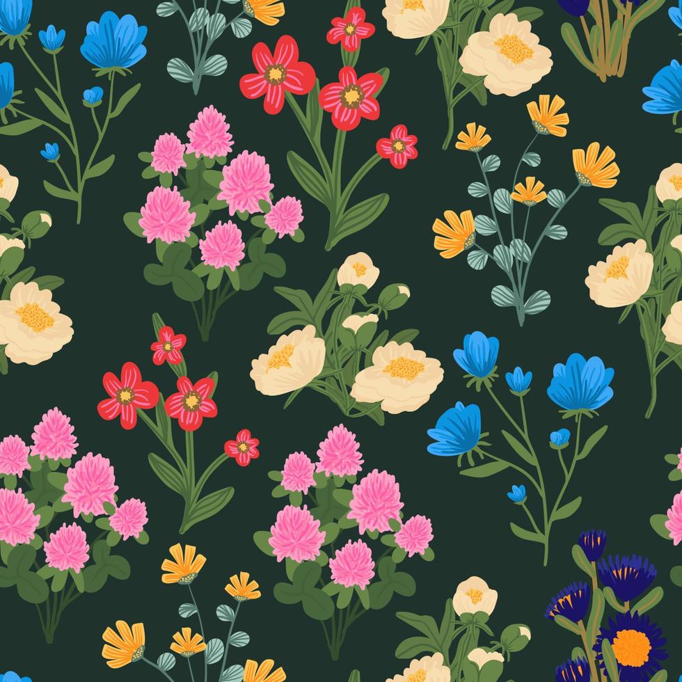 stampa fiori primaverili. Reticolo senza giunte di fioritura di mezza estate prato vettoriale. sfondo vegetale per moda, sfondi, avvolgere. diversi fiori sul campo. millefiori in stile liberty. disegno floreale vettore