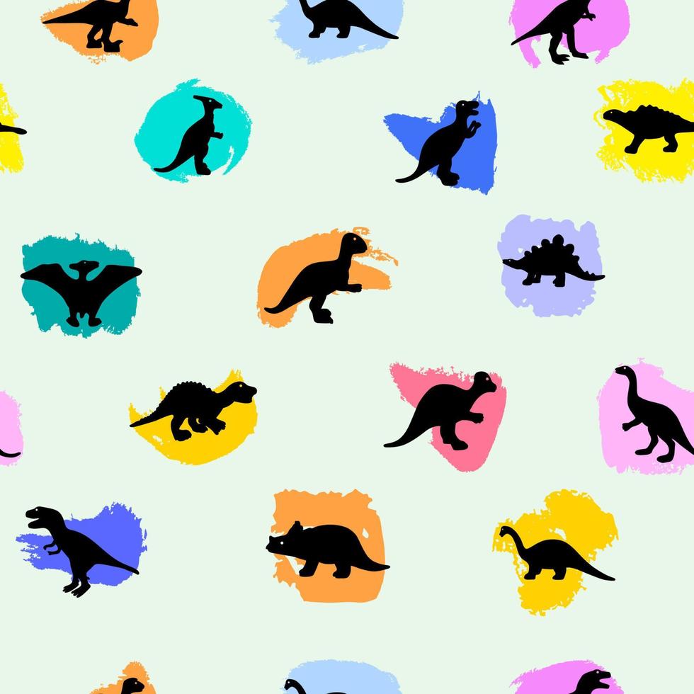 modello senza cuciture con silhouette di dinosauri su macchie colorate ad acquerello. illustrazione vettoriale. come carta da parati, per confezioni, carta digitale, sfondo, prodotti per pacchetti. vettore