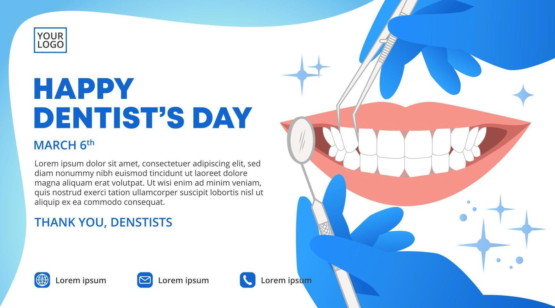 design della bandiera del giorno dei dentisti con i denti da controllare vettore