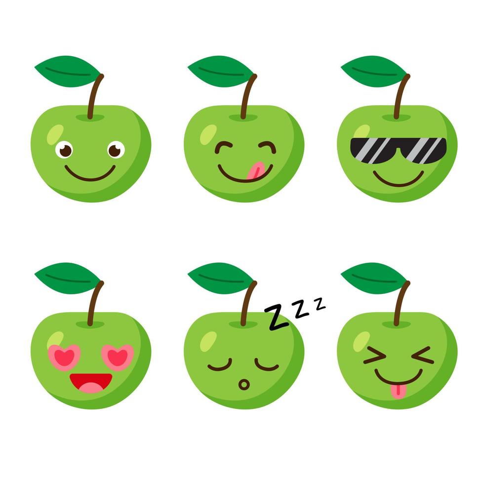 set di emoji di mele. icone di stile kawaii, personaggi di frutta. illustrazione vettoriale in stile piatto cartone animato. set di sorrisi o emoticon divertenti. buona alimentazione e concetto vegano. illustrazione per bambini