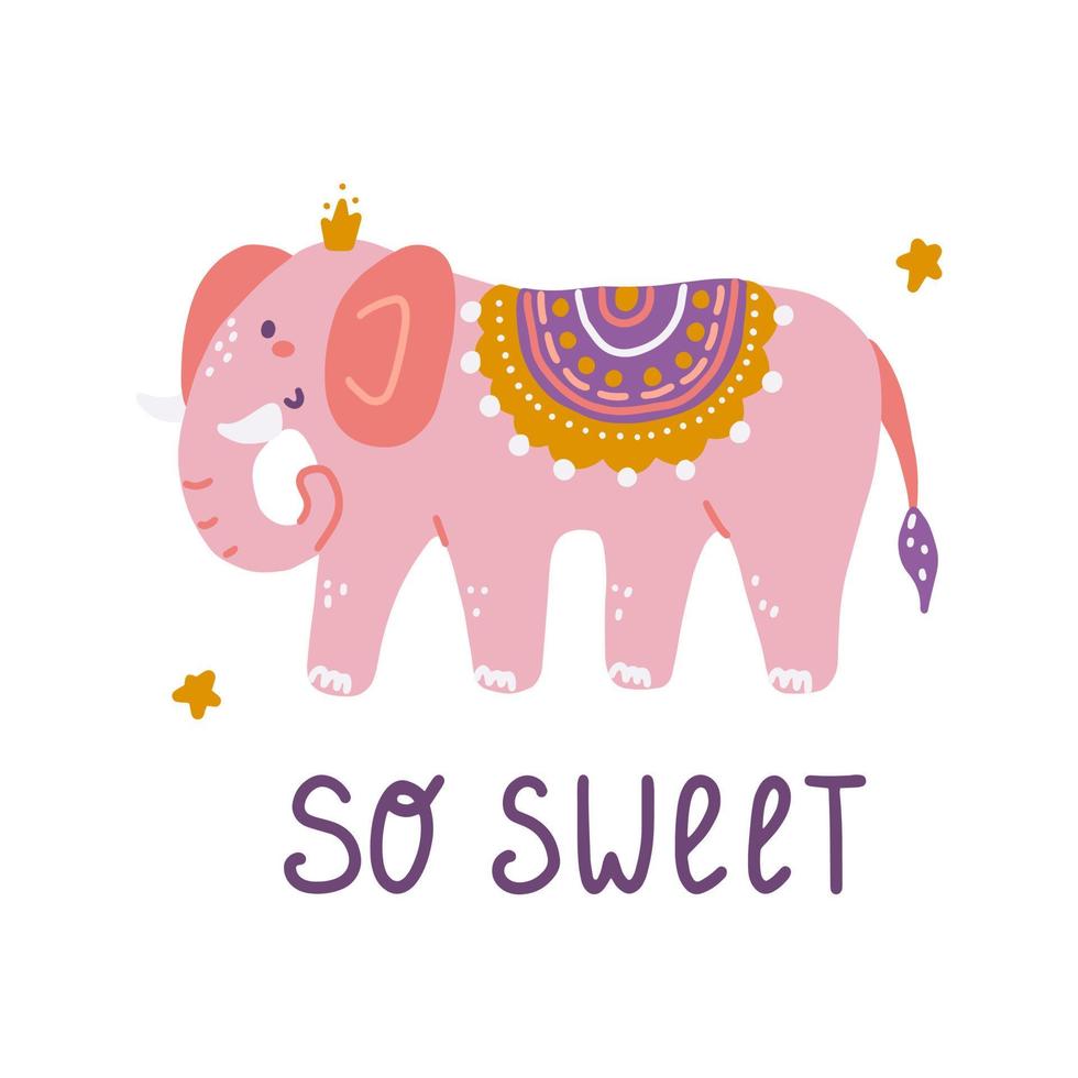 divertente elefante rosa con corona, scritte a mano così dolci, illustrazione piatta vettoriale in stile disegnato a mano, stampa per abbigliamento, prodotti di carta