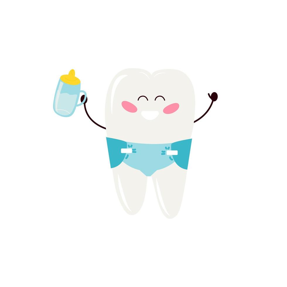 dente da latte sotto forma di un bambino cartone animato in un pannolino. per la progettazione di opuscoli sulla prevenzione della carie infantile, pubblicità di prodotti per la cura dei denti da latte.illustrazione vettoriale