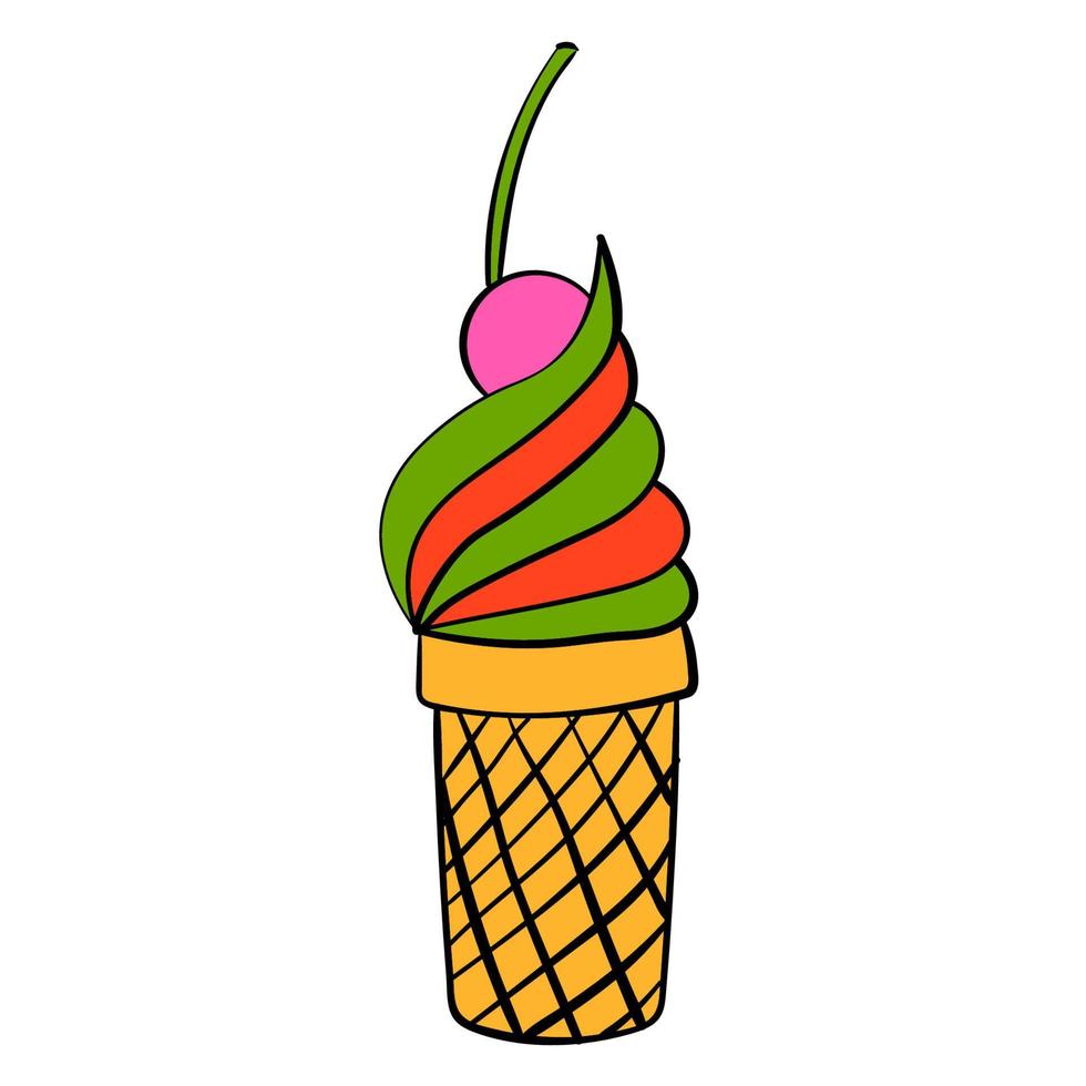 gelato di doodle del fumetto in cono con la ciliegia isolata su fondo bianco. vettore