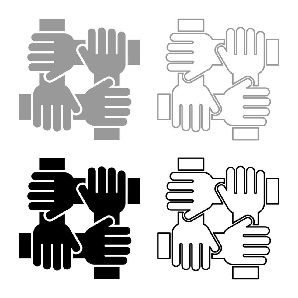 quattro mani che tengono insieme l'icona del concetto di lavoro di squadra imposta il colore nero grigio vettore