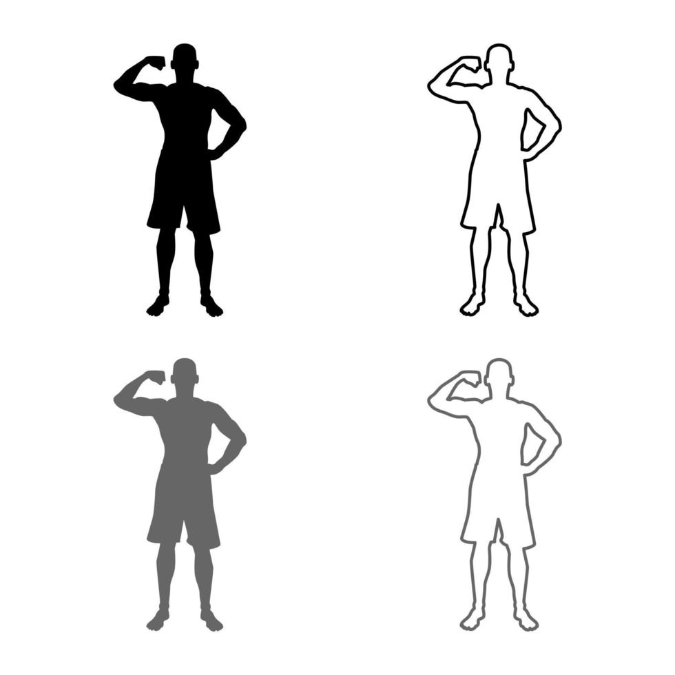 bodybuilder che mostra i muscoli bicipiti bodybuilding sport concetto silhouette vista frontale set di icone grigio nero colore illustrazione contorno stile piatto semplice immagine vettore