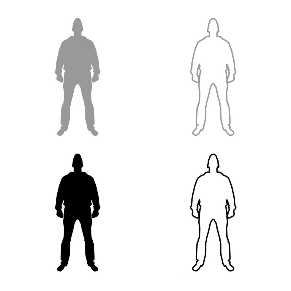 uomo in piedi nella vista del cappuccio con set di icone anteriore grigio nero colore illustrazione contorno stile piatto semplice immagine vettore