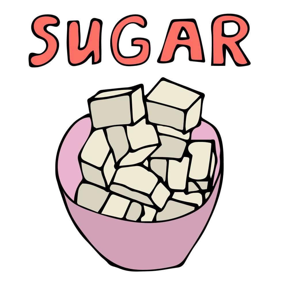 cartone animato doodle lineare di zucchero, cubetti isolati su sfondo bianco. vettore