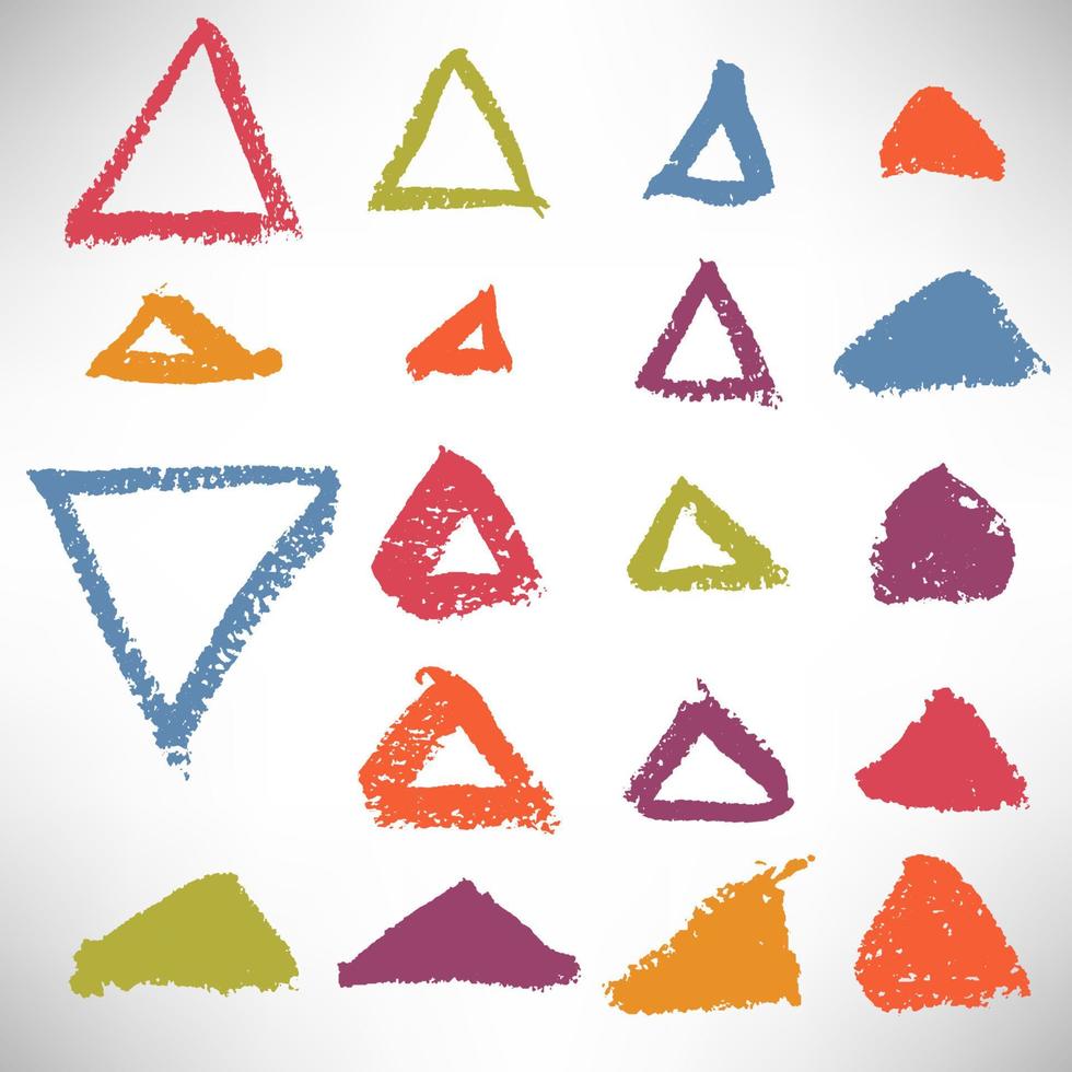 set colorato di triangoli grunge disegnati a mano, cornici, elementi per il design. collezione di forme geometriche isolata su sfondo bianco. vettore