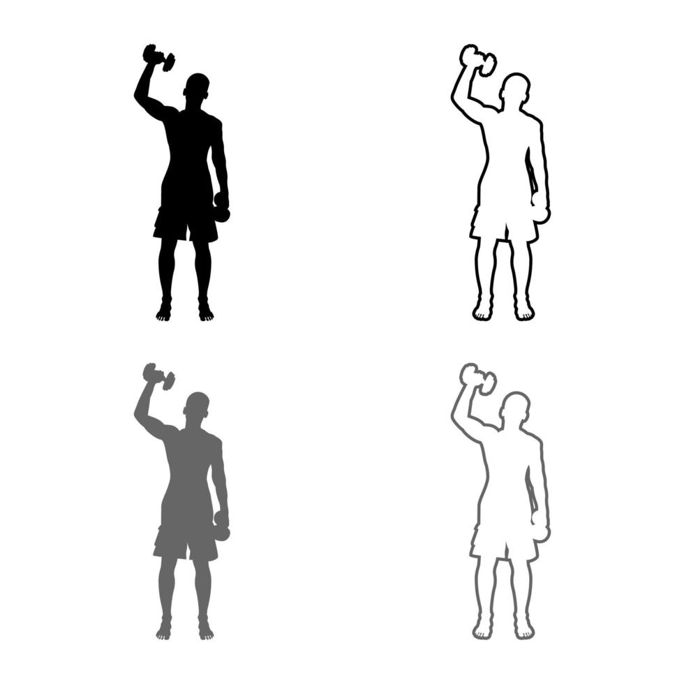 uomo che fa esercizi con manubri azione sportiva maschio allenamento silhouette vista frontale set di icone grigio nero colore illustrazione contorno stile piatto semplice immagine vettore