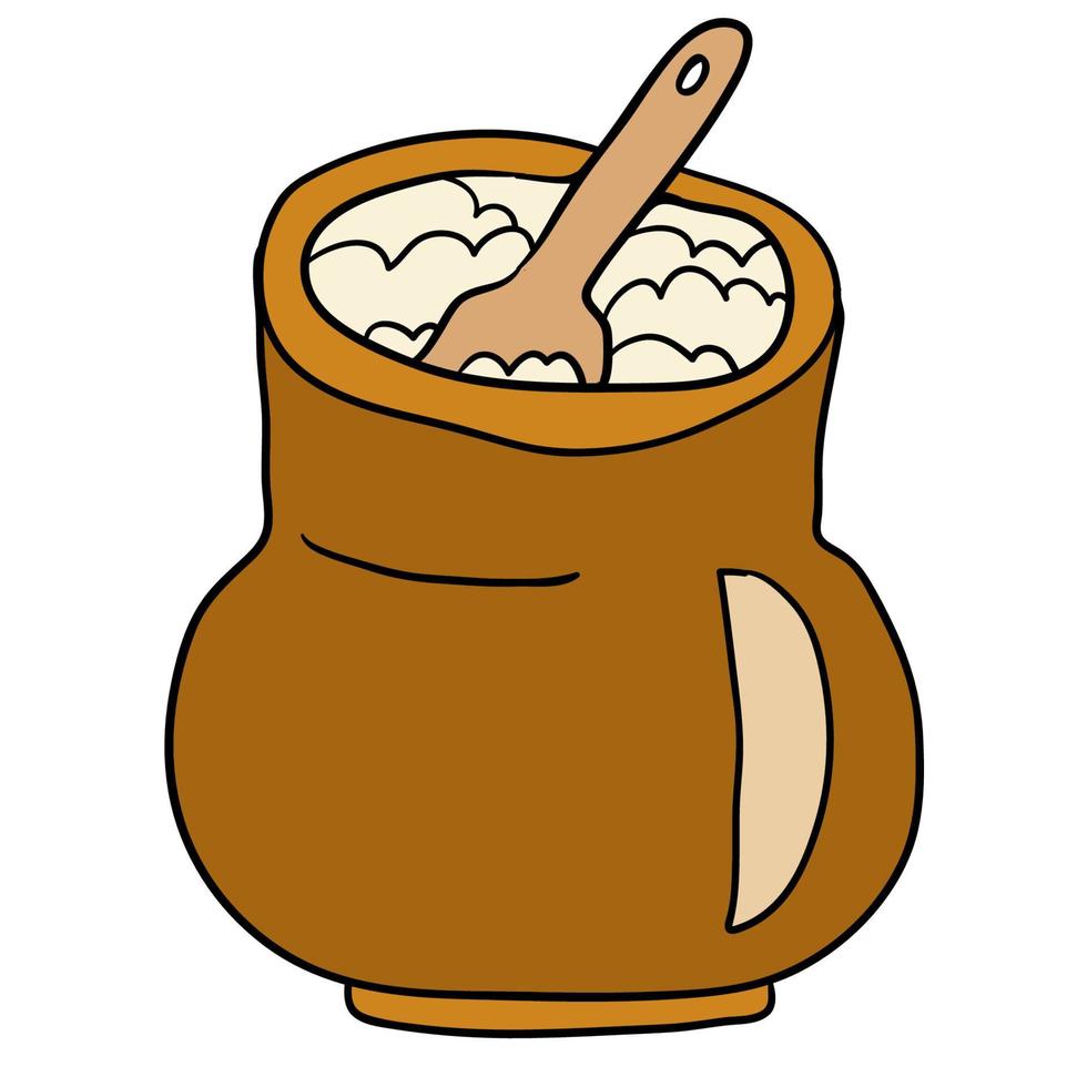 cartone animato doodle lineare pentola di porridge isolato su sfondo bianco. vettore