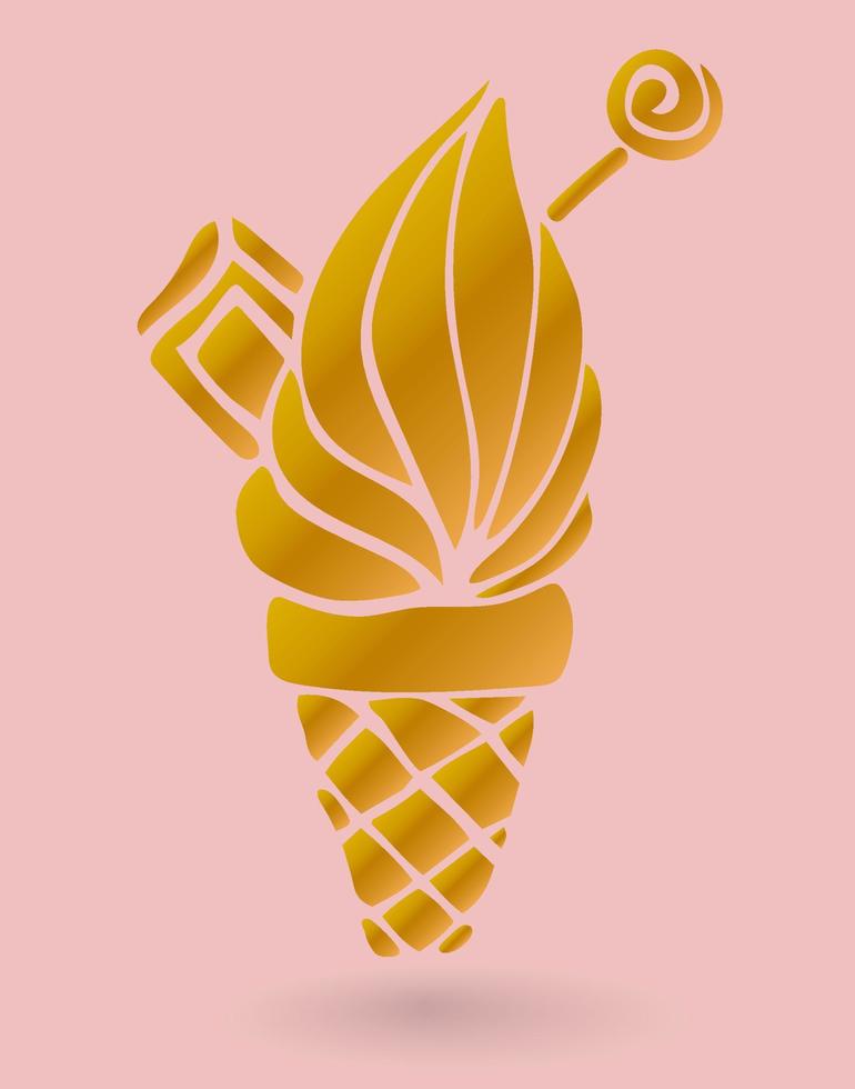 simpatico cono gelato dorato con cioccolato, lecca-lecca isolato su sfondo rosa. carta, poster, adesivo. vettore