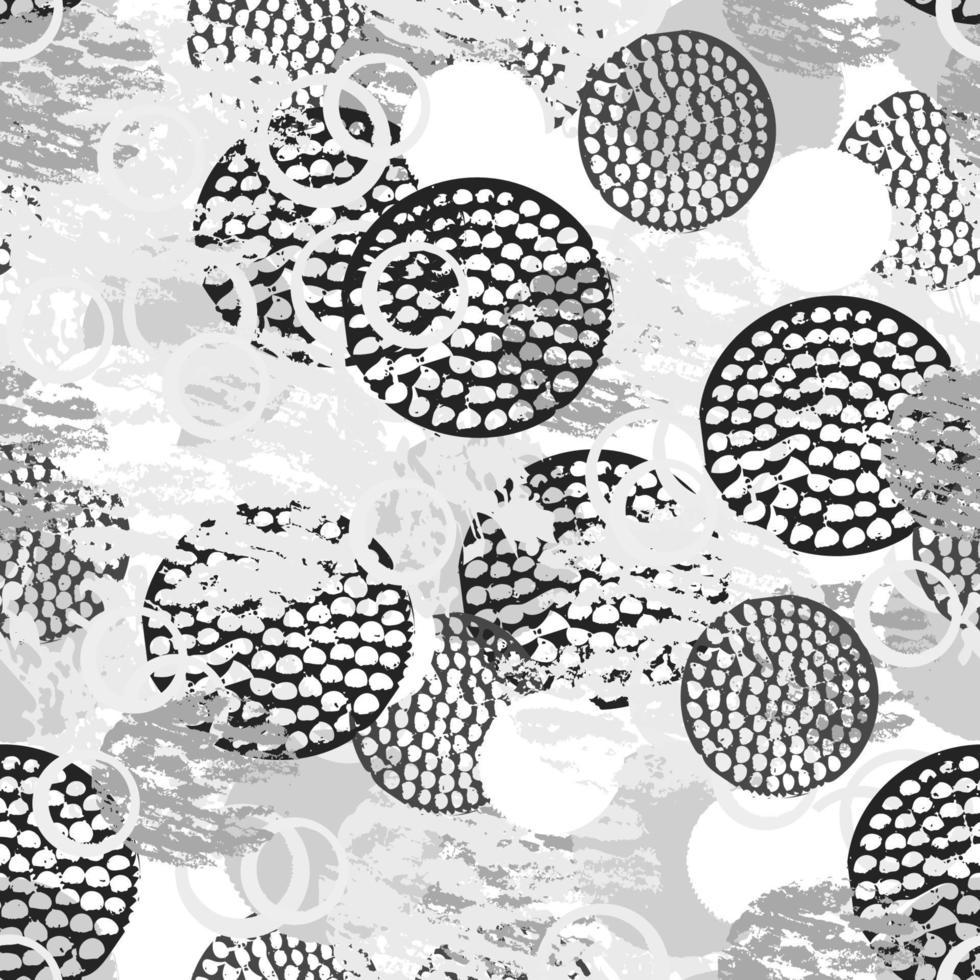 modello senza cuciture astratto di lerciume in bianco e nero con cerchi, anelli, diverse pennellate e forme. sfondo di cerchi con texture infinito. vettore