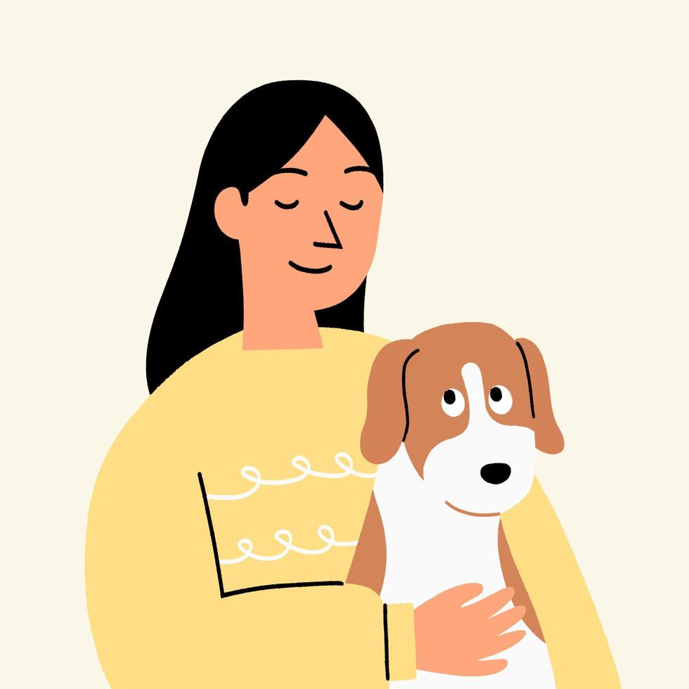la donna abbraccia e coccola felicemente il cane. illustrazione vettoriale simpatico cartone animato.