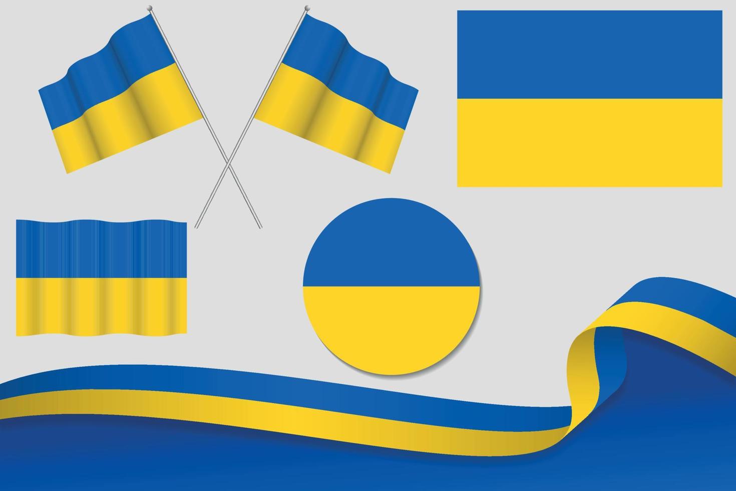 set di bandiere dell'ucraina in diversi modelli, icona, bandiere sventolanti con nastro con sfondo. vettore libero